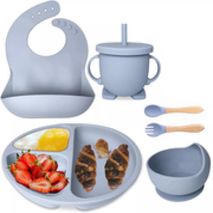 Kit Alimentación Bebé Bambú Silicona Platos Gris