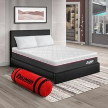 Colchón Pullman Foampack + Cama Tapizada + Almohada Queen Cuero Sintetico Negro