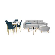 Combo Sala Houston Tela Plata + Comedor Orion 4 Puestos Tela Azul