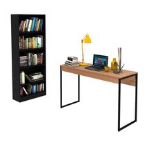Combo Escritorio Y Biblioteca Oslo Almendra Y Negro 120 Cm Minimalista Con Entrepaños
