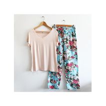 Pijama Tipo Pantalón Azul Flores Rosadas_Mxpl064