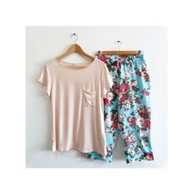 Pijama Tipo Capri Azul Flores Rosadas_Mxcp030